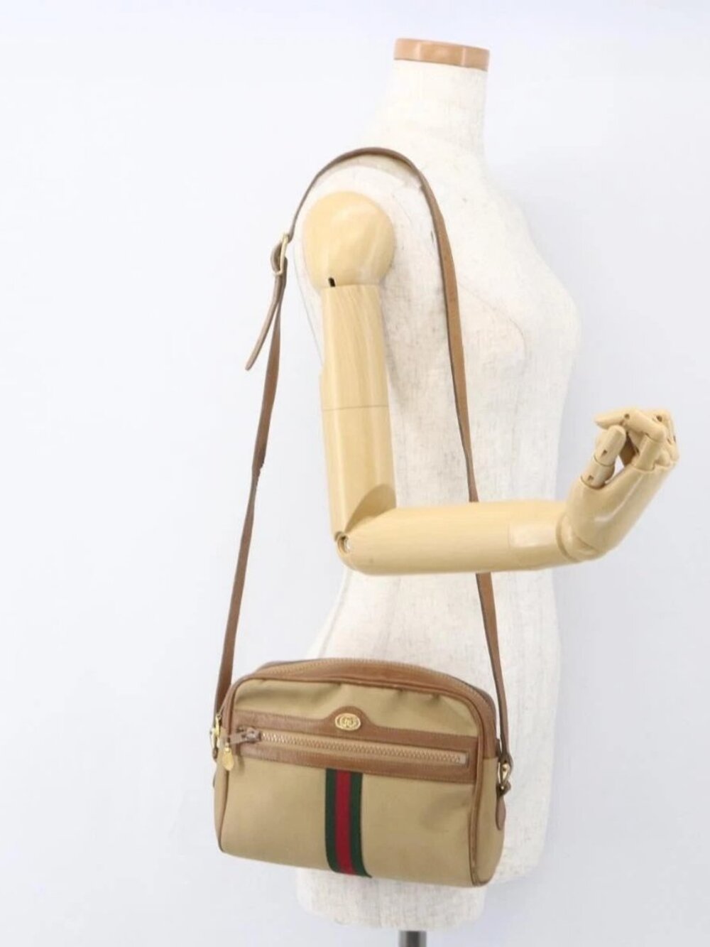 GUCCI Web Sherry Line Shoulder Bag Canvas Beige Gold Auth BA9238